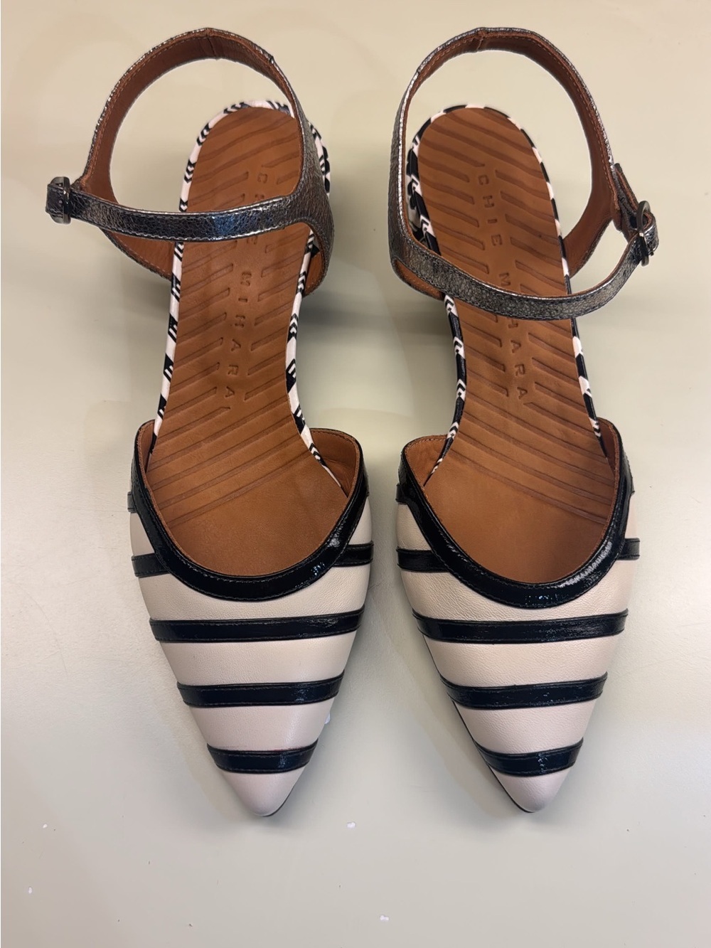Chie Mihara Black and Cream Striped Pointed-Toe Ankle-Strap Mules